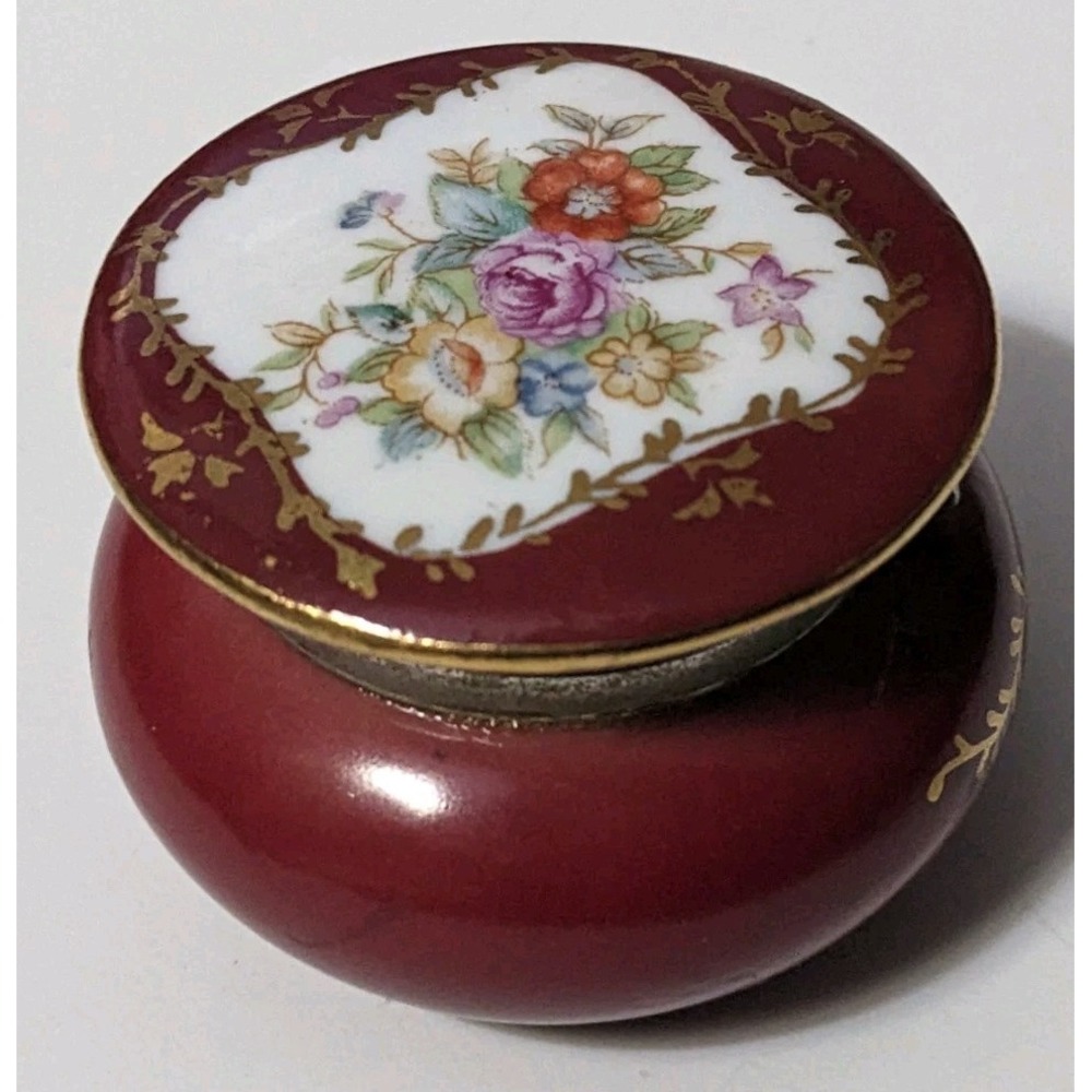 Vtg Round Porcelain Floral Trinket Box Hinged Painted Flowers Gold Gilt Burgund